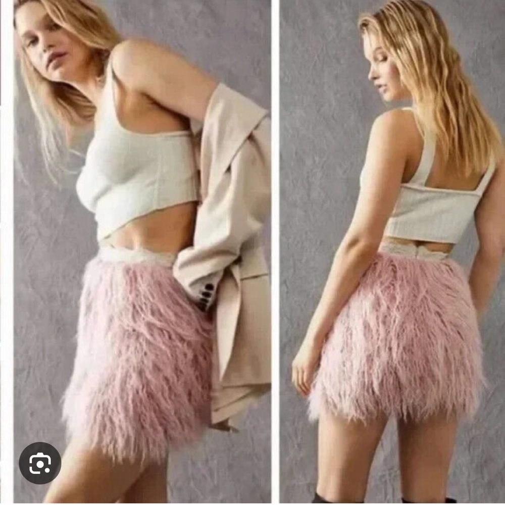 NWOT Free People Party Time Pink Faux Fur/Feather Embellished Mini Skirt S